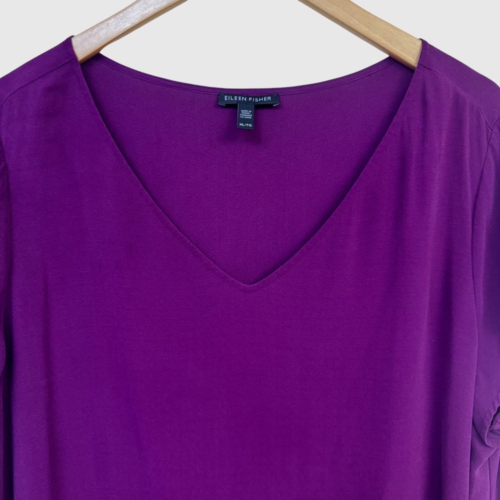 Eileen Fisher Tunic Top XL XL Purple 100% Silk V-Neck Cap Sleeve Split Hem - Picture 3 of 7